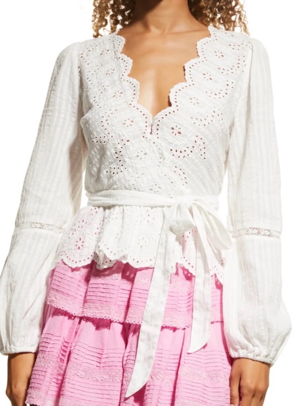 LoveShackFancy White Eyelet Wrap Blouse with Tie